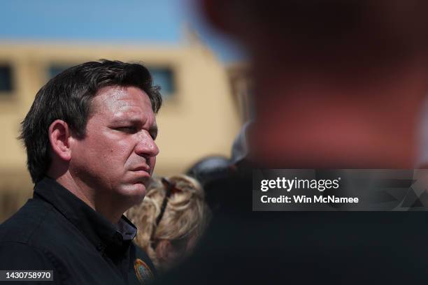 Florida Gov. Ron DeSantis speaks during a press conference on the island of Matlacha on October 05, 2022 in Matlacha Florida. DeSantis delivered...