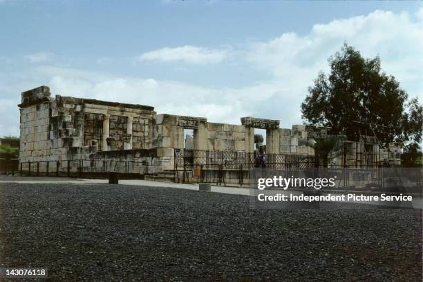 Ruins of Capernaum's white stone synagogue, Israel.