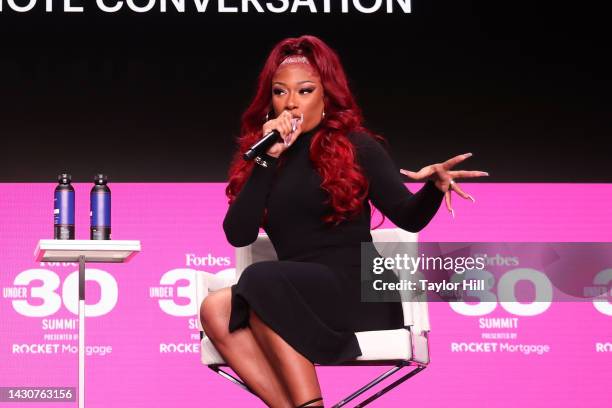 Megan Thee Stallion speaks at the 2022 Forbes 30 Under 30 Summit at Detroit Opera House on October 04, 2022 in Detroit, Michigan.