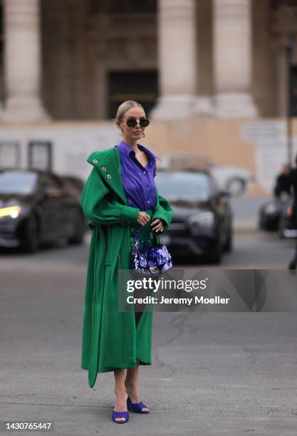 Leonie Hanne seen wearing a purple fendi baguette bag, a green long News  Photo - Getty Images