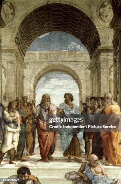 School of Athens. Ca. 1510-1512 - Detail of a mural by Raphael painted for Pope Julius II - in the center Plato discourses with Aristotle - Vatican...