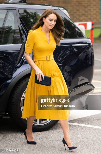 Catherine, Princess of Wales visits the Royal Surrey County Hospital's Maternity Unit at Royal Surrey County Hospital on October 05, 2022 in...