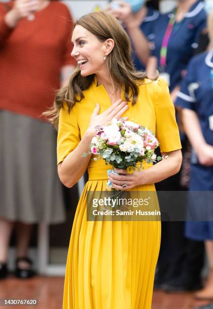 Catherine, Princess of Wales visits the Royal Surrey County Hospital's Maternity Unit at Royal Surrey County Hospital on October 05, 2022 in...
