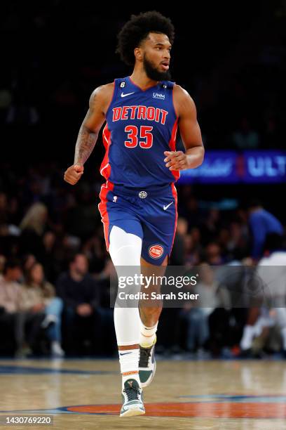 Marvin Bagley III of the Detroit Pistons runs during the first half against the New York Knicks at Madison Square Garden on October 04, 2022 in New...