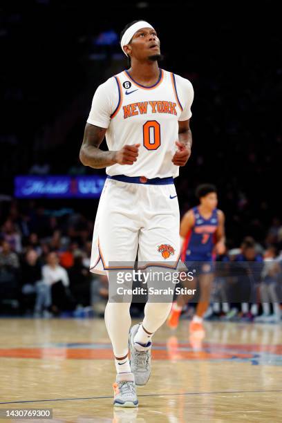 Cam Reddish of the New York Knicks looks on during the first half against the Detroit Pistons at Madison Square Garden on October 04, 2022 in New...