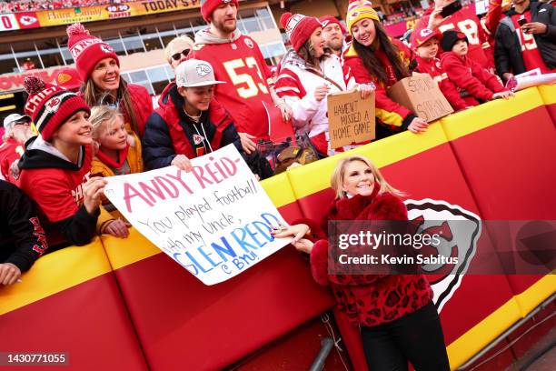 Tavia Hunt, wife of owner Clark Hunt of the Kansas City Chiefs, poses for photos with fans prior to the AFC Championship Game against the Cincinnati...