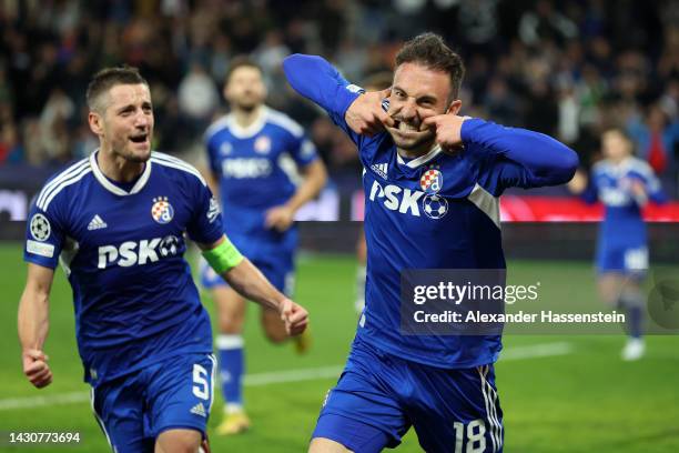 Josip Drmic of Dinamo Zagreb celebrates after scoring a goal which is later disallowed during the UEFA Champions League group E match between FC...