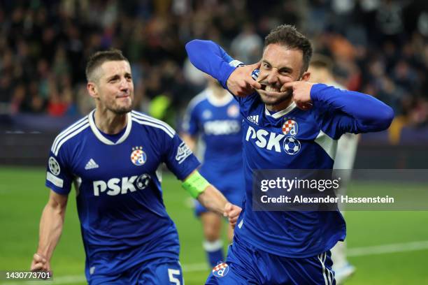 Josip Drmic of Dinamo Zagreb celebrates after scoring a goal which is later disallowed during the UEFA Champions League group E match between FC...