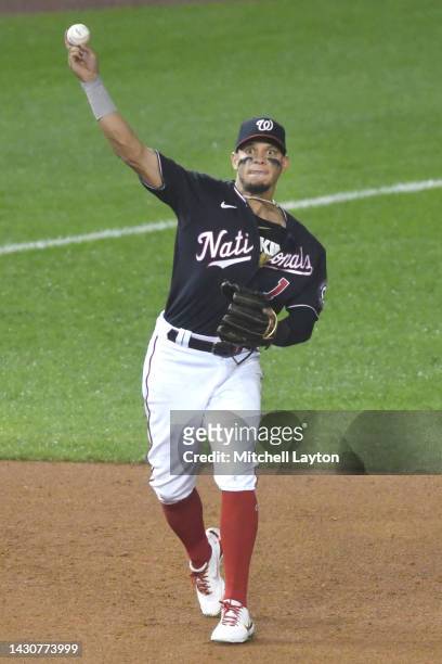 Cesar Hernandez of the Washington Nationals fields a ground ball during game two of a doubleheader baseball game against the Philadelphia Phillies at...