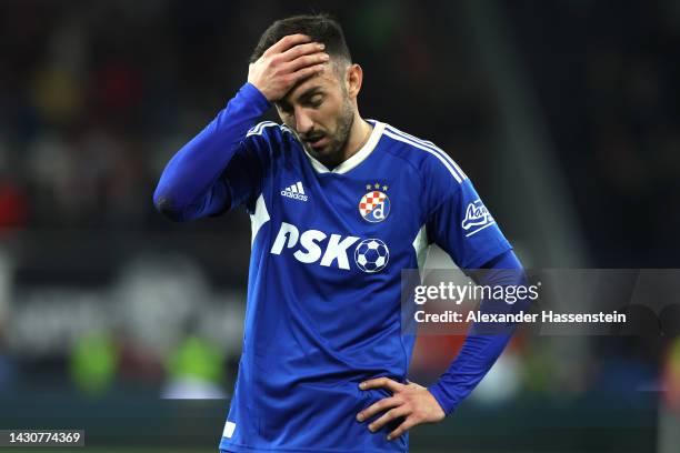 Apologize for any inconvenience. SALZBURG, AUSTRIA Josip Drmic of Dinamo Zagreb reacts after their goal is disallowed during the UEFA Champions...