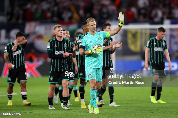 Joe Hart of Celtic acknowledges the fans after their sides defeat during the UEFA Champions League group F match between RB Leipzig and Celtic FC at...