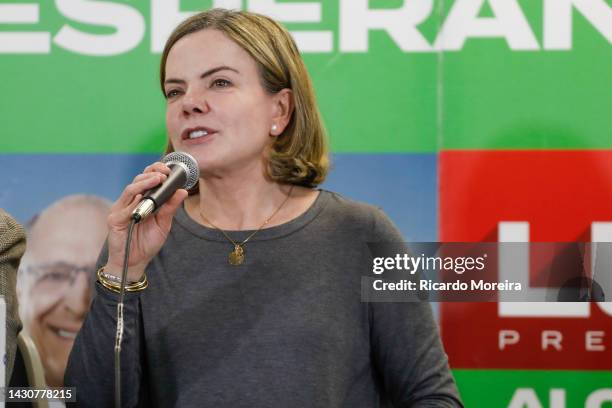 Gleisi Hoffmann President of Party speaks during a meeting of Candidate Luiz Inacio Lula da Silva of Workers' Party with leaders of different parties...