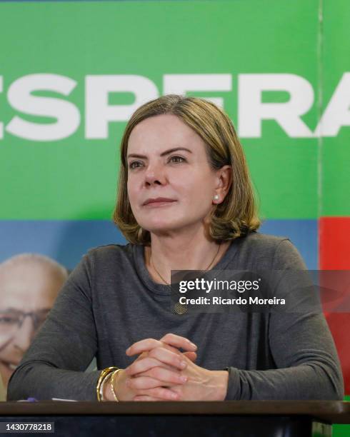 Gleisi Hoffmann President of Party looks on during a meeting of Candidate Luiz Inacio Lula da Silva of Workers' Party with leaders of different...
