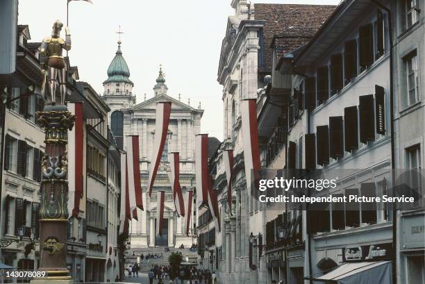 Solothurn , Switzerland north of Bern, is touted as the most beautiful baroque city in Switzerland. In the background isthe 18th century Cathedral of...