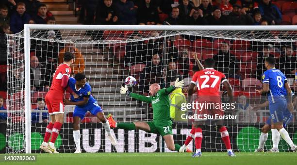 Middlesbrough striker Chuba Akpom scores the opening goal past Birmingham goalkeeper John Ruddy during the Sky Bet Championship between Middlesbrough...