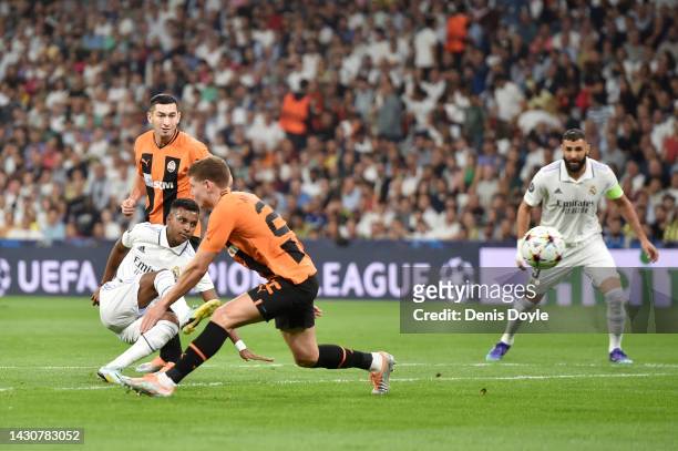 Rodrygo of Real Madrid scores their team's first goal during the UEFA Champions League group F match between Real Madrid and Shakhtar Donetsk at...
