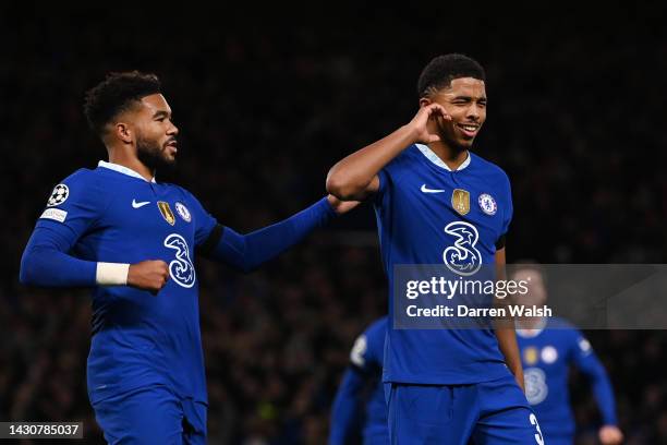 Wesley Fofana of Chelsea celebrates after scoring their sides first goal during the UEFA Champions League group E match between Chelsea FC and AC...