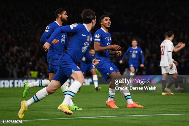 Wesley Fofana of Chelsea celebrates after scoring their sides first goal during the UEFA Champions League group E match between Chelsea FC and AC...
