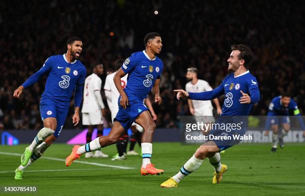 Wesley Fofana of Chelsea celebrates after scoring their sides first goal during the UEFA Champions League group E match between Chelsea FC and AC...