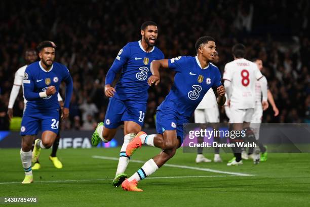 Wesley Fofana of Chelsea celebrates after scoring their sides first goal during the UEFA Champions League group E match between Chelsea FC and AC...