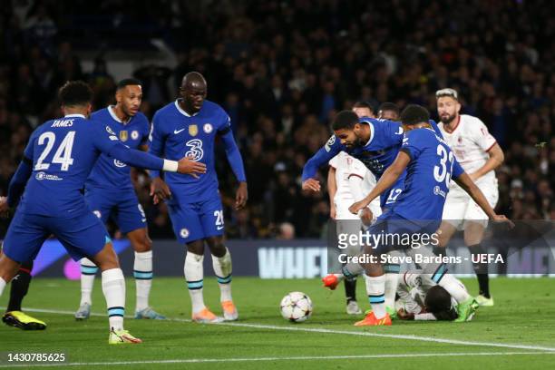Wesley Fofana of Chelsea scores their sides first goal during the UEFA Champions League group E match between Chelsea FC and AC Milan at Stamford...