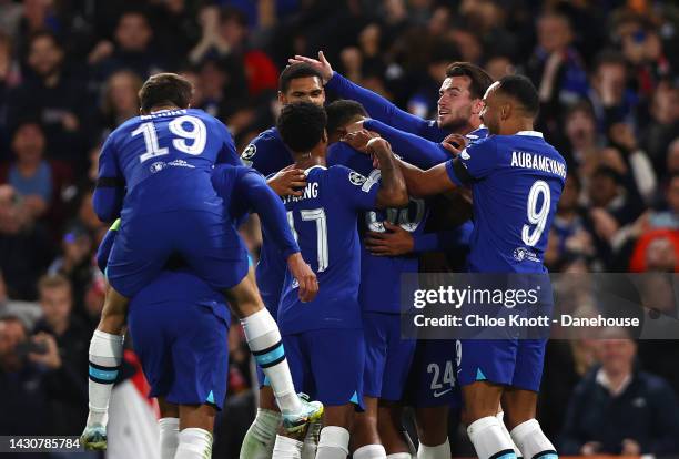 Wesley Fofana of Chelsea FC celebrates scoring his teams first goal during the UEFA Champions League group E match between Chelsea FC and AC Milan at...