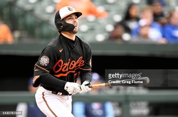 Terrin Vavra of the Baltimore Orioles hits a three-run home run for his first career home run in the eighth inning against the Toronto Blue Jays...