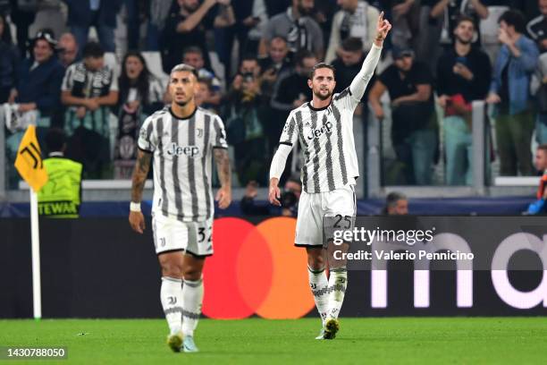 Adrien Rabiot of Juventus celebrates after scoring their sides first goal during the UEFA Champions League group H match between Juventus and Maccabi...