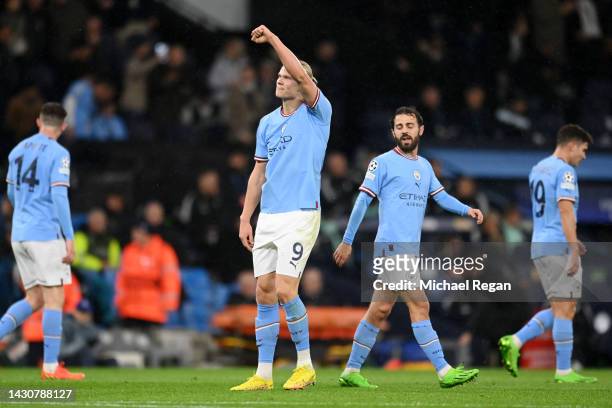 Erling Haaland of Manchester City celebrates after scoring their team's second goal during the UEFA Champions League group G match between Manchester...