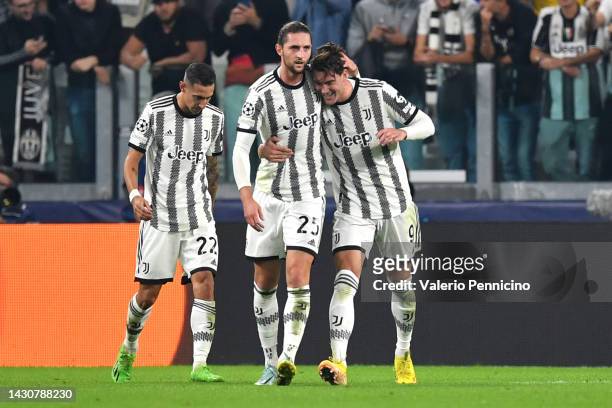 Adrien Rabiot of Juventus celebrates with team mate Dusan Vlahovic after scoring their sides first goal during the UEFA Champions League group H...