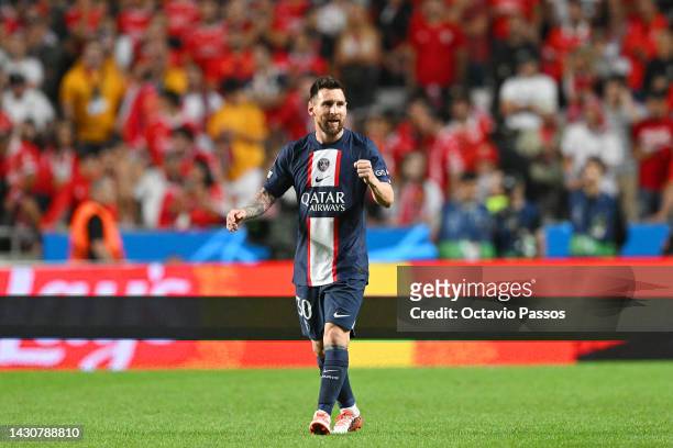 Lionel Messi of Paris Saint-Germain celebrates after scoring their team's first goal during the UEFA Champions League group H match between SL...