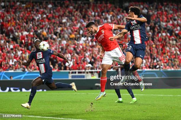 Goncalo Ramos of Benfica heads the ball before Danilo Pereira of Paris Saint-Germain scored an own goal, Benfica's first goal during the UEFA...