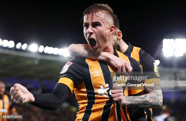 Dimitris Pelkas of Hull City celebrates after scoring their side's first goal during the Sky Bet Championship between Hull City and Wigan Athletic at...