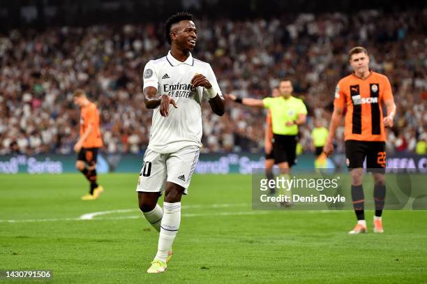 Vinicius Junior of Real Madrid celebrates after scoring their team's second goal during the UEFA Champions League group F match between Real Madrid...