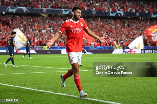 Goncalo Ramos of Benfica celebrates after an own goal by Danilo Pereira of Paris Saint-Germain during the UEFA Champions League group H match between...