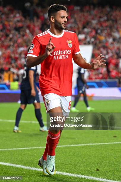 Goncalo Ramos of Benfica celebrates after an own goal by Danilo Pereira of Paris Saint-Germain during the UEFA Champions League group H match between...