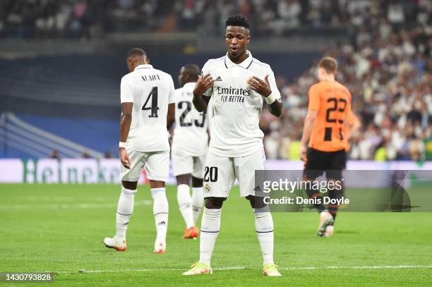 Vinicius Junior of Real Madrid celebrates after scoring their team's second goal during the UEFA Champions League group F match between Real Madrid...