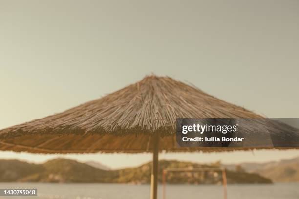 beach bamboo umbrella - sepia fotografías e imágenes de stock