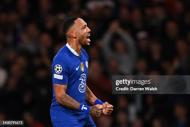 Pierre-Emerick Aubameyang of Chelsea celebrates after scoring their sides second goal during the UEFA Champions League group E match between Chelsea...