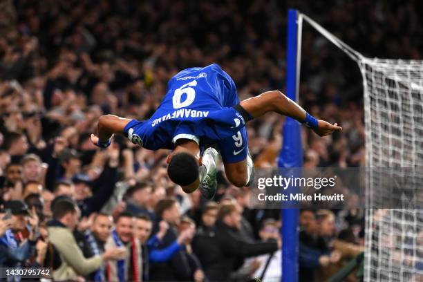 Pierre-Emerick Aubameyang of Chelsea celebrates after scoring their sides second goal during the UEFA Champions League group E match between Chelsea...