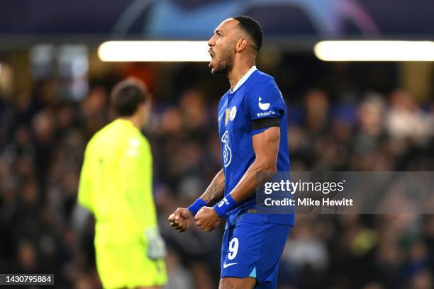 Pierre-Emerick Aubameyang of Chelsea celebrates after scoring their sides second goal during the UEFA Champions League group E match between Chelsea...