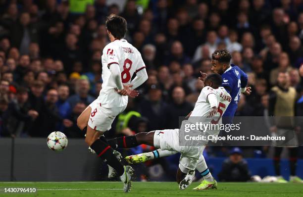Reece James of Chelsea FC scores his teams third goal during the UEFA Champions League group E match between Chelsea FC and AC Milan at Stamford...