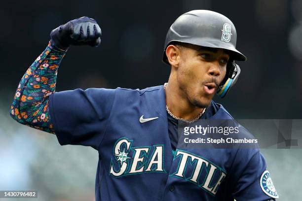 Julio Rodriguez of the Seattle Mariners celebrates his home run during the first inning against the Detroit Tigers at T-Mobile Park on October 05,...