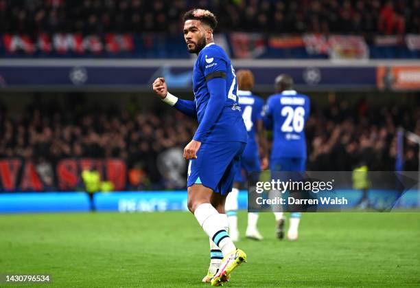 Reece James of Chelsea celebrates after scoring their sides third goal during the UEFA Champions League group E match between Chelsea FC and AC Milan...