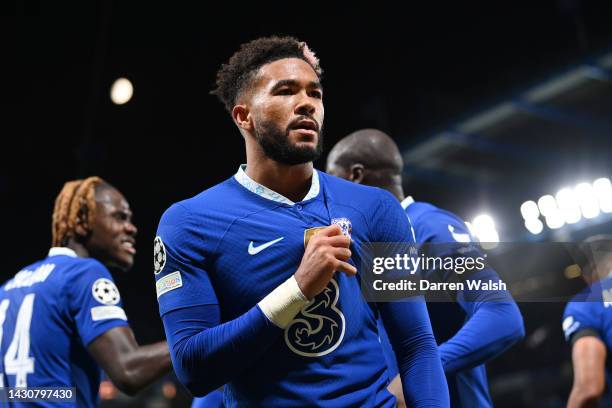 Reece James of Chelsea celebrates after scoring their sides third goal during the UEFA Champions League group E match between Chelsea FC and AC Milan...