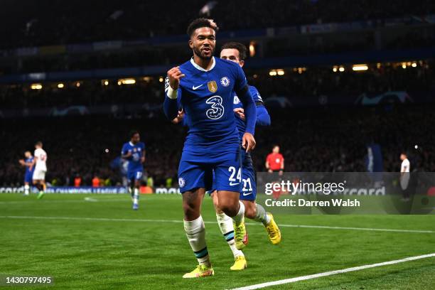 Reece James of Chelsea celebrates after scoring their sides third goal during the UEFA Champions League group E match between Chelsea FC and AC Milan...