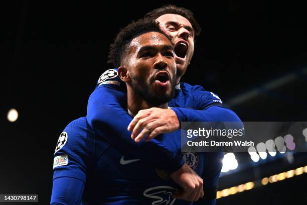 Reece James of Chelsea celebrates after scoring their sides third goal during the UEFA Champions League group E match between Chelsea FC and AC Milan...