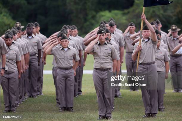 Army trainees attend their graduation ceremony during basic training at Fort Jackson on September 29, 2022 in Columbia, South Carolina. Fort Jackson,...