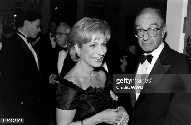 Andrea Mitchell and Alan Greenspan attend a party at the British embassy in Washington, D.C., on November 5, 1998.