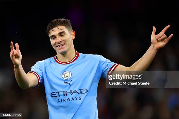 Julian Alvarez of Manchester City celebrates after scoring their team's fifth goal during the UEFA Champions League group G match between Manchester...